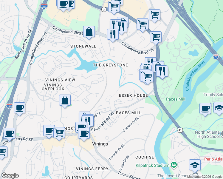 map of restaurants, bars, coffee shops, grocery stores, and more near 3280 Stillhouse Road Southeast in Atlanta