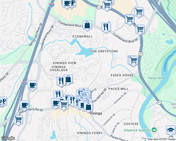map of restaurants, bars, coffee shops, grocery stores, and more near 1237 Woodridge Drive in Atlanta