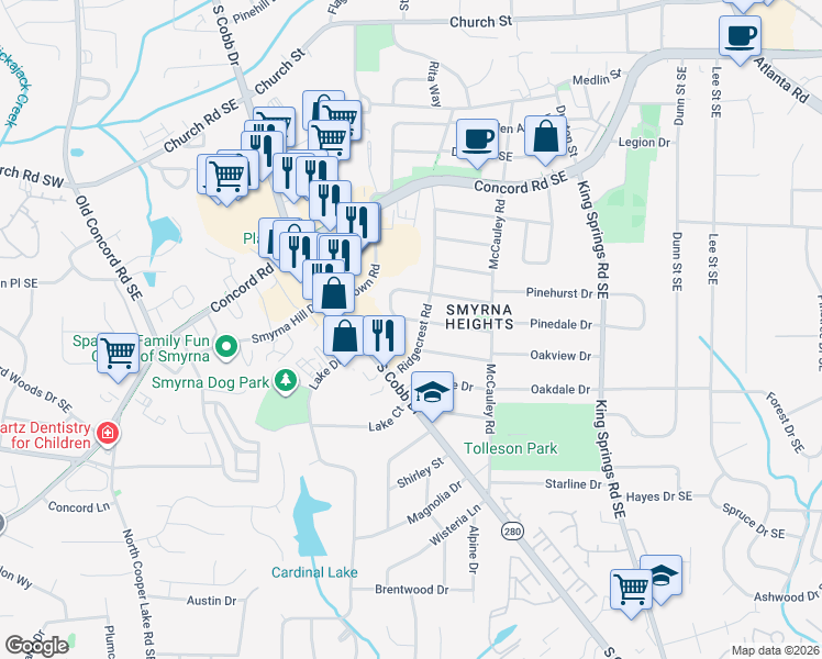 map of restaurants, bars, coffee shops, grocery stores, and more near 956 Sharon Circle Southeast in Smyrna