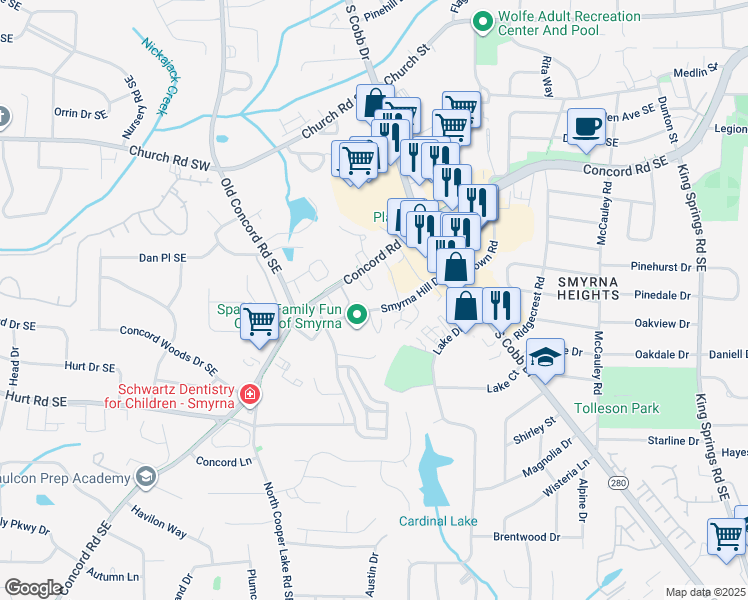 map of restaurants, bars, coffee shops, grocery stores, and more near 641 Smyrna Hill Drive in Smyrna