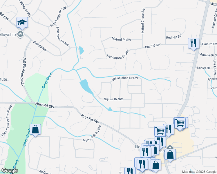 map of restaurants, bars, coffee shops, grocery stores, and more near 3300 Ben Hill Street Southwest in Marietta