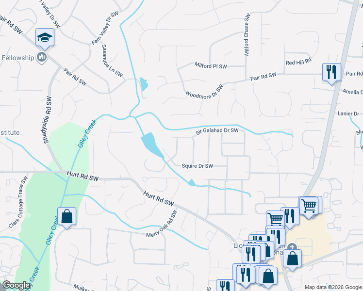 map of restaurants, bars, coffee shops, grocery stores, and more near 3300 Ben Hill Street Southwest in Marietta