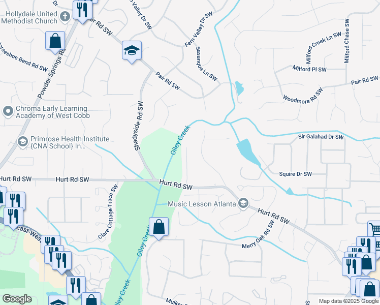 map of restaurants, bars, coffee shops, grocery stores, and more near 3436 Finglas Drive Southwest in Marietta