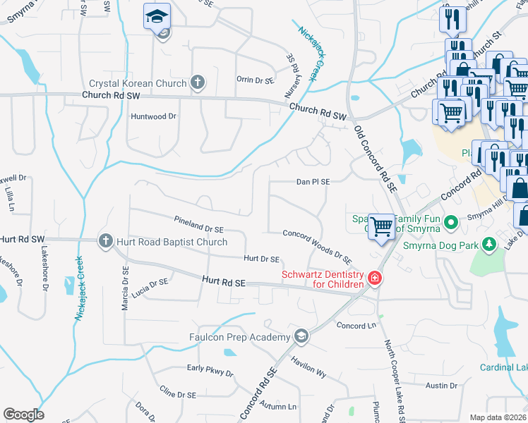 map of restaurants, bars, coffee shops, grocery stores, and more near 3380 Creek Valley Drive Southeast in Smyrna