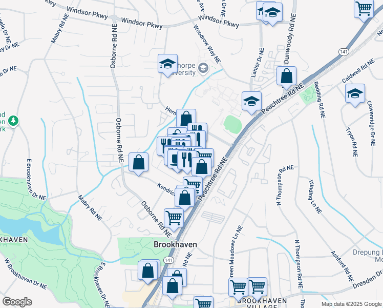 map of restaurants, bars, coffee shops, grocery stores, and more near 2828 Brookhaven Avenue in Atlanta