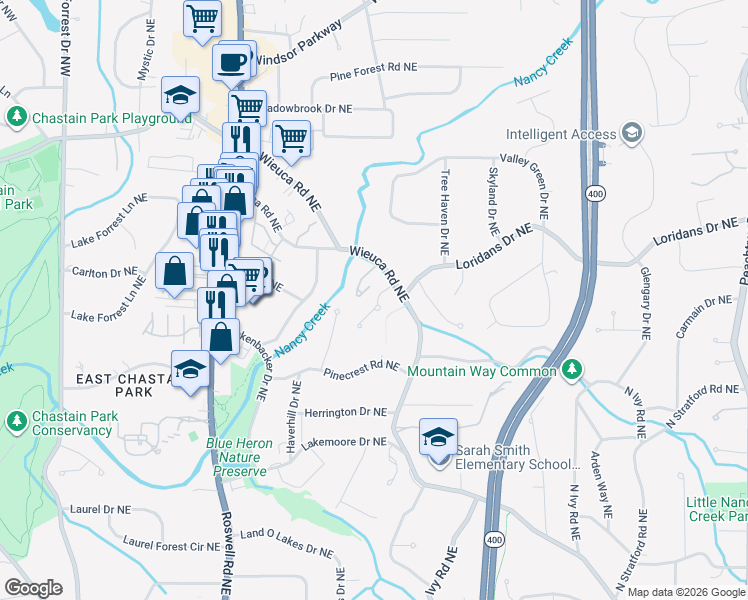 map of restaurants, bars, coffee shops, grocery stores, and more near 4285 Olde Mill Lane in Atlanta