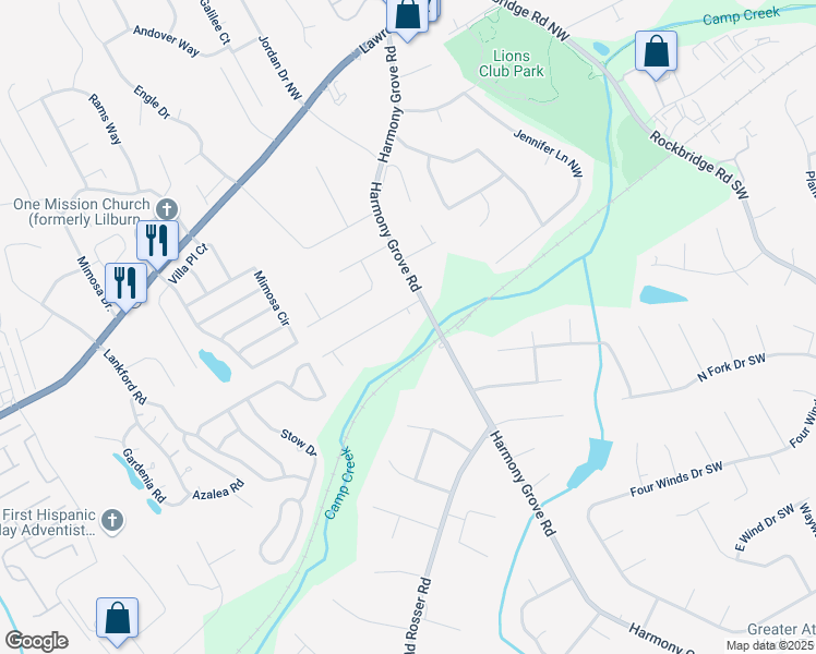 map of restaurants, bars, coffee shops, grocery stores, and more near 11 Harmon Court Northwest in Lilburn