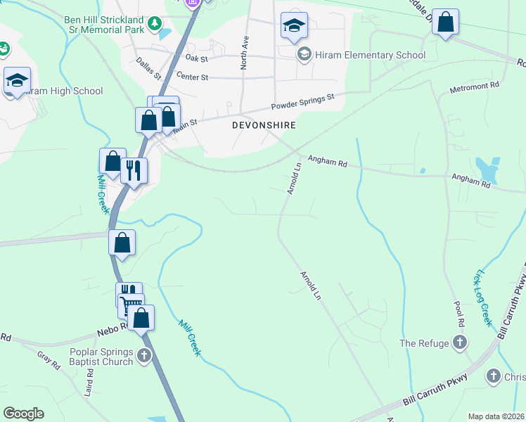 map of restaurants, bars, coffee shops, grocery stores, and more near 10 Terrace Trail in Hiram