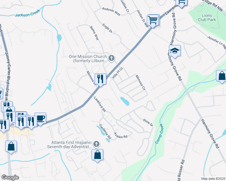 map of restaurants, bars, coffee shops, grocery stores, and more near Villa Place Court in Tucker