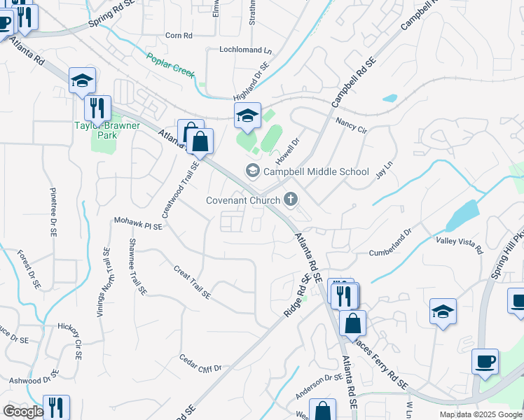 map of restaurants, bars, coffee shops, grocery stores, and more near 108 Rondak Circle in Smyrna