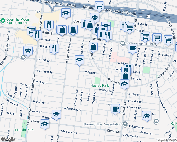 map of restaurants, bars, coffee shops, grocery stores, and more near 623 West 11th Street in Corona