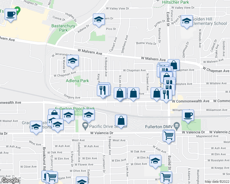 map of restaurants, bars, coffee shops, grocery stores, and more near 1541 West Amerige Avenue in Fullerton