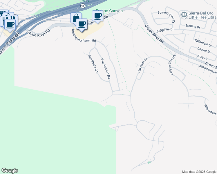 map of restaurants, bars, coffee shops, grocery stores, and more near 1630 San Almada Road in Corona