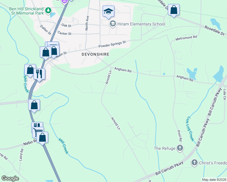 map of restaurants, bars, coffee shops, grocery stores, and more near 83 South Forty Pass East in Hiram