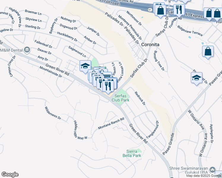 map of restaurants, bars, coffee shops, grocery stores, and more near 2641 Green River Road in Corona