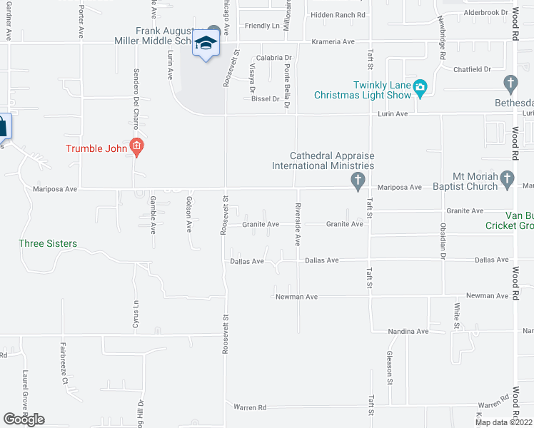 map of restaurants, bars, coffee shops, grocery stores, and more near 18136 Granite Avenue in Riverside