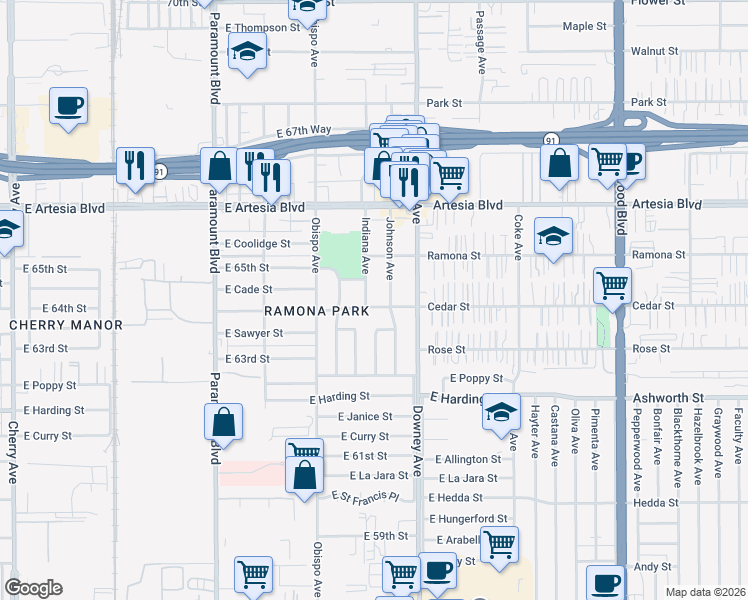 map of restaurants, bars, coffee shops, grocery stores, and more near 6404 Indiana Avenue in Long Beach