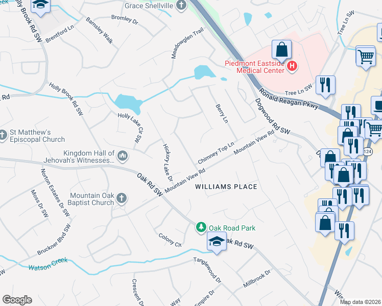 map of restaurants, bars, coffee shops, grocery stores, and more near 2574 Bridgewood Lane in Snellville