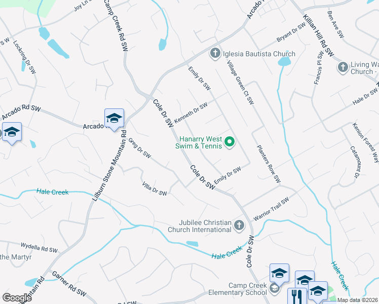 map of restaurants, bars, coffee shops, grocery stores, and more near 498 Cole Drive Southwest in Lilburn