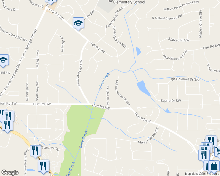 map of restaurants, bars, coffee shops, grocery stores, and more near 3436 Finglas Drive Southwest in Marietta