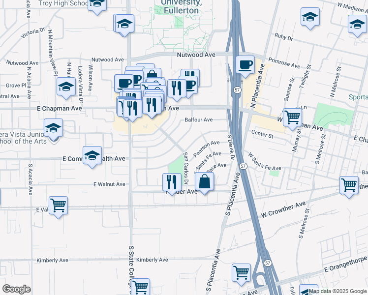 map of restaurants, bars, coffee shops, grocery stores, and more near 2501 Santa Ysabel Avenue in Fullerton