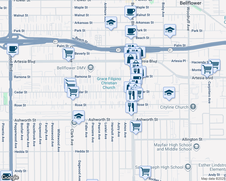map of restaurants, bars, coffee shops, grocery stores, and more near 9625 Cedar Street in Bellflower
