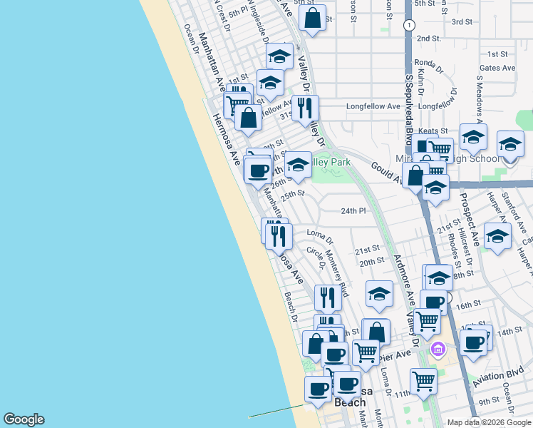 map of restaurants, bars, coffee shops, grocery stores, and more near 2457 Manhattan Avenue in Hermosa Beach