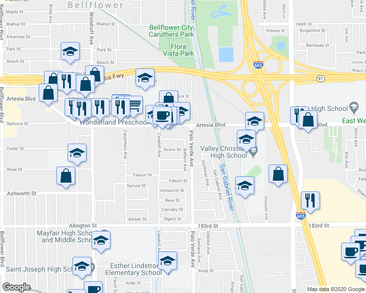 map of restaurants, bars, coffee shops, grocery stores, and more near 17723 Balfern Avenue in Bellflower