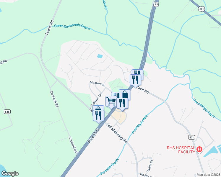 map of restaurants, bars, coffee shops, grocery stores, and more near 100 Masters Drive in Sumter