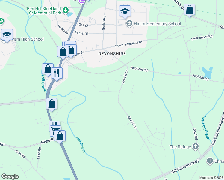 map of restaurants, bars, coffee shops, grocery stores, and more near 10 Terrace Trail in Hiram