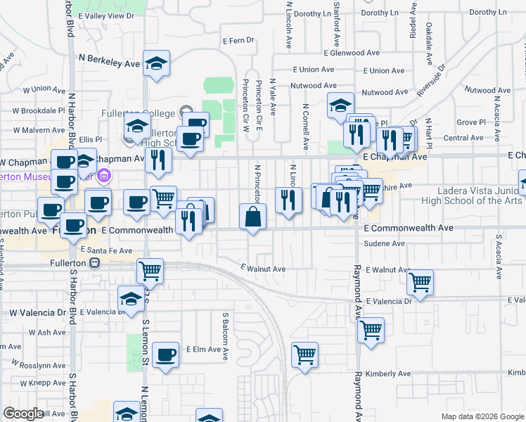 map of restaurants, bars, coffee shops, grocery stores, and more near 124 North Princeton Avenue in Fullerton
