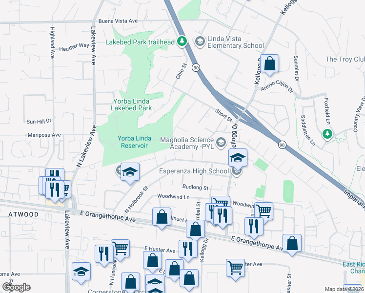 map of restaurants, bars, coffee shops, grocery stores, and more near 1887 North Garland Lane in Anaheim