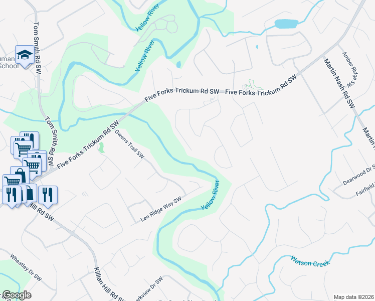 map of restaurants, bars, coffee shops, grocery stores, and more near 3841 Terrasol Trail Southwest in Lilburn