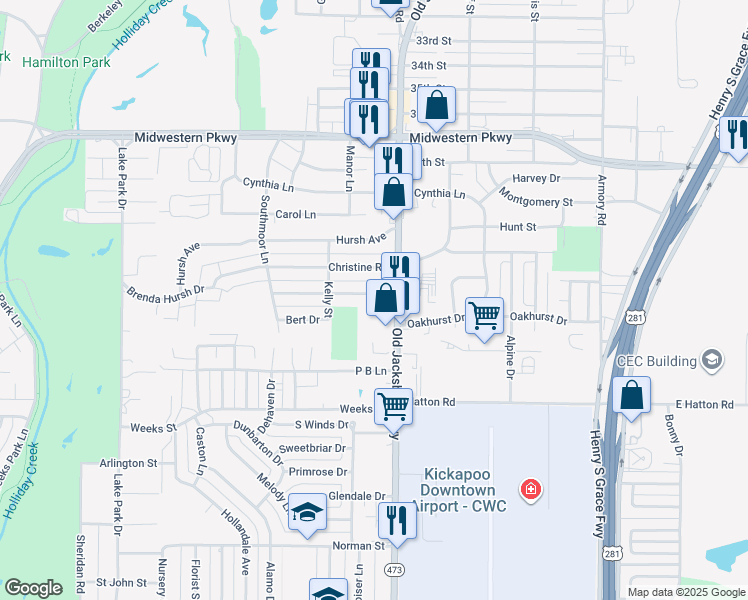 map of restaurants, bars, coffee shops, grocery stores, and more near 1509 Aldrich Avenue in Wichita Falls