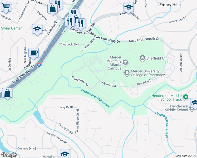 map of restaurants, bars, coffee shops, grocery stores, and more near 2939 Flowers Road South in Atlanta