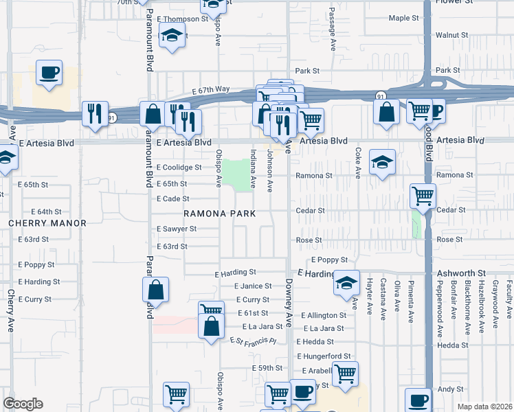 map of restaurants, bars, coffee shops, grocery stores, and more near 6404 Indiana Avenue in Long Beach