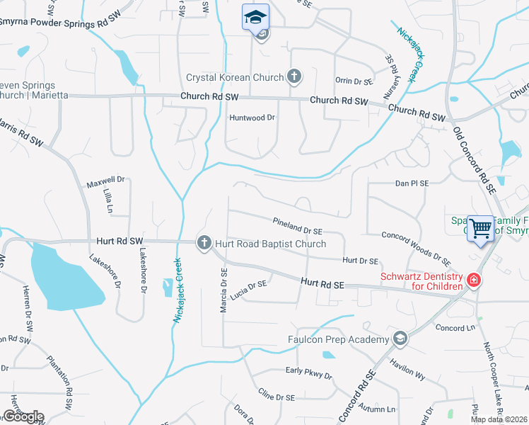 map of restaurants, bars, coffee shops, grocery stores, and more near 103 Pineland Drive Southeast in Smyrna