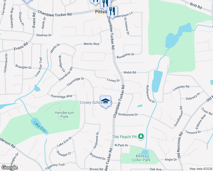 map of restaurants, bars, coffee shops, grocery stores, and more near 4130 Hughes Lea in Tucker
