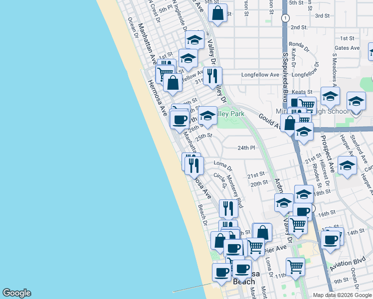 map of restaurants, bars, coffee shops, grocery stores, and more near 2457 Manhattan Avenue in Hermosa Beach