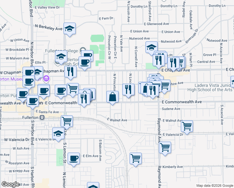 map of restaurants, bars, coffee shops, grocery stores, and more near 124 North Princeton Avenue in Fullerton