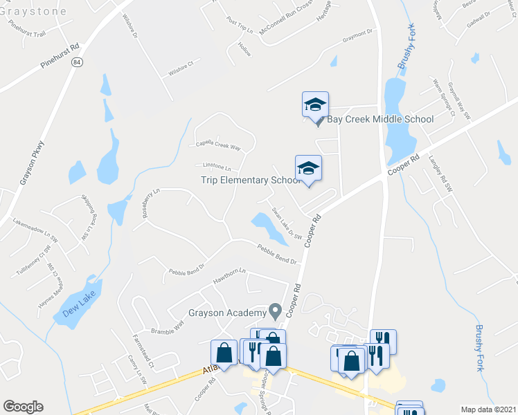 map of restaurants, bars, coffee shops, grocery stores, and more near 2326 Swan Lake Drive Southwest in Grayson