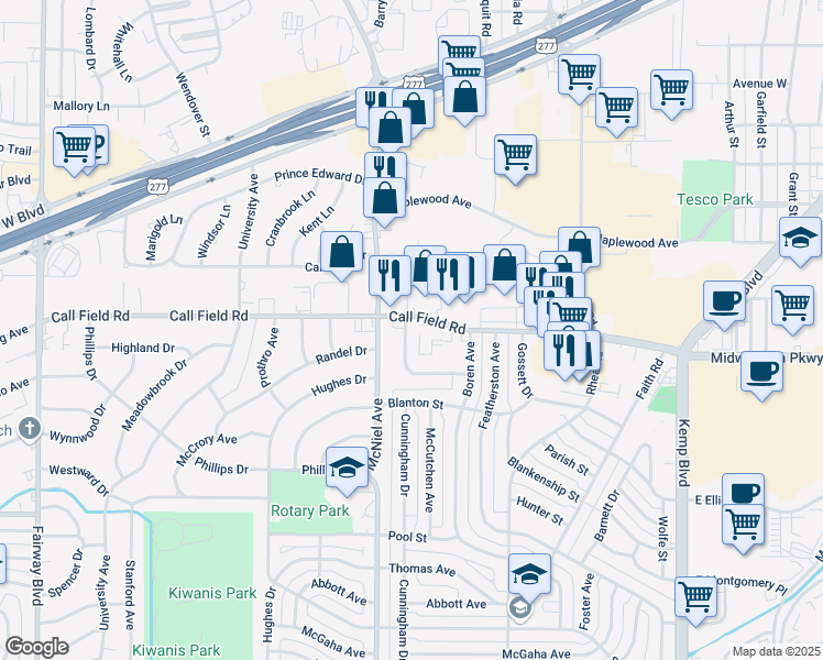 map of restaurants, bars, coffee shops, grocery stores, and more near 4029 Call Field Road in Wichita Falls