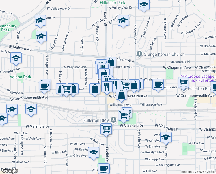 map of restaurants, bars, coffee shops, grocery stores, and more near 206 North Euclid Street in Fullerton