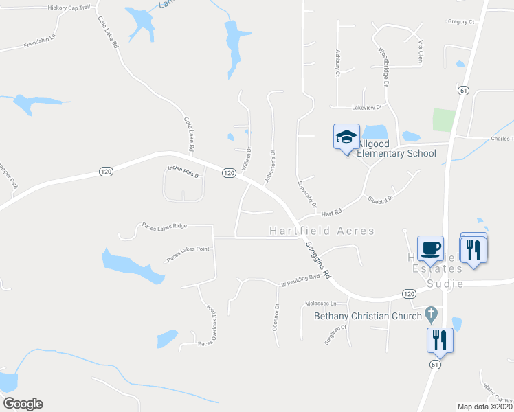 map of restaurants, bars, coffee shops, grocery stores, and more near 57 Paces Meadows Lane in Dallas