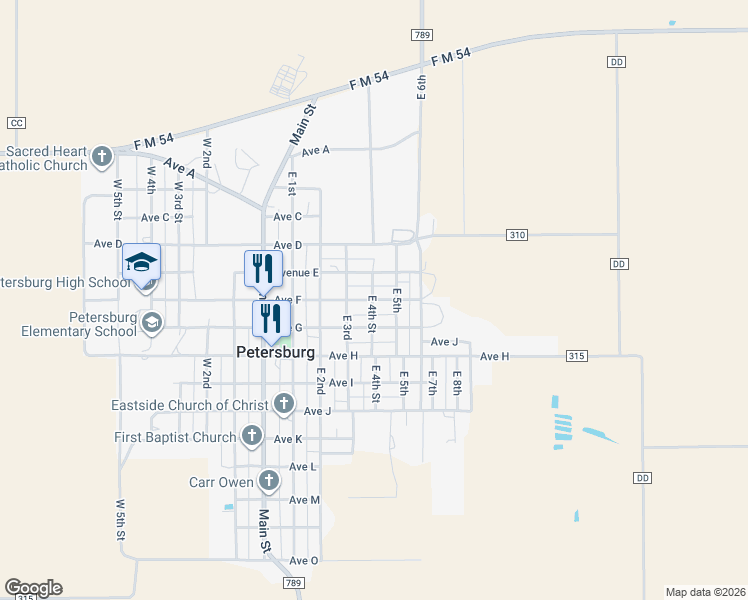 map of restaurants, bars, coffee shops, grocery stores, and more near 1898 Ave F in Petersburg