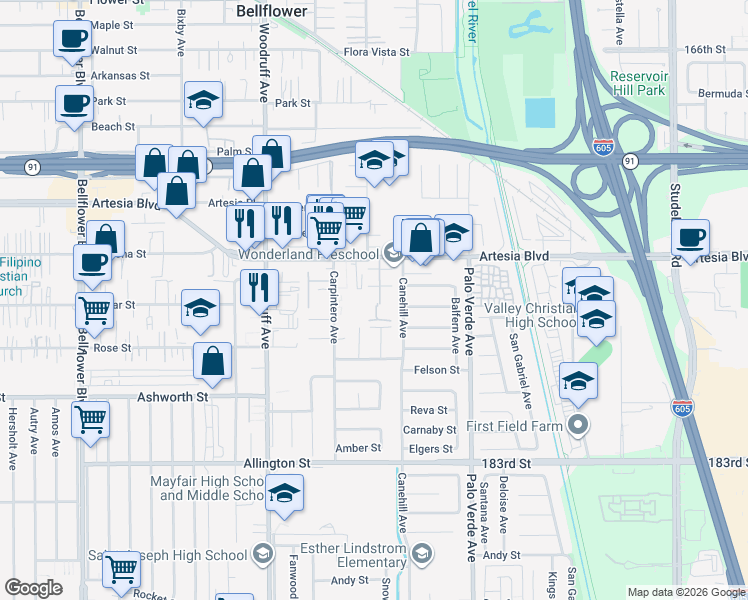 map of restaurants, bars, coffee shops, grocery stores, and more near 17611 Regency Circle in Bellflower