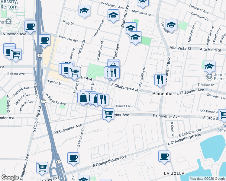 map of restaurants, bars, coffee shops, grocery stores, and more near 121 Alta Street in Placentia