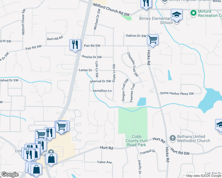 map of restaurants, bars, coffee shops, grocery stores, and more near 3350 Doyle Lane Southwest in Marietta