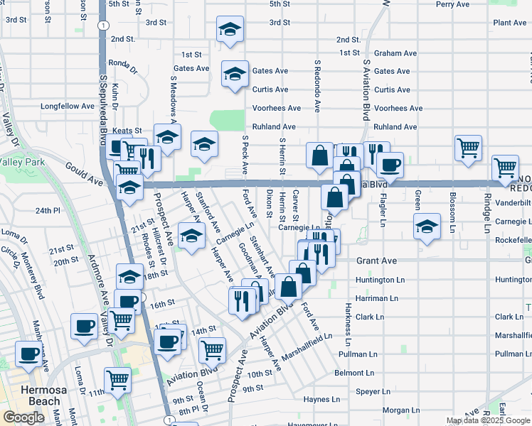 map of restaurants, bars, coffee shops, grocery stores, and more near 1733 Dixon Street in Redondo Beach