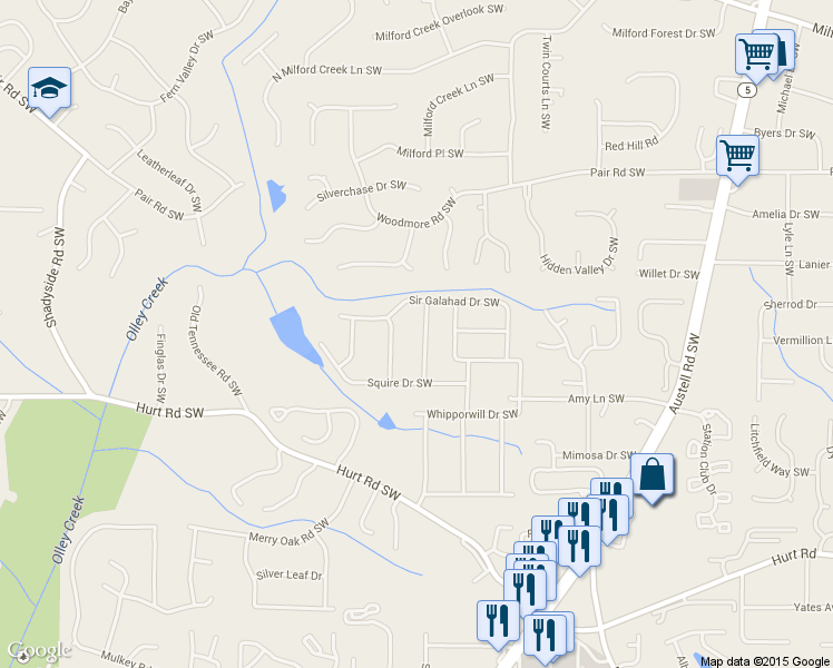 map of restaurants, bars, coffee shops, grocery stores, and more near 3342 Sir Lancelot Place Southwest in Marietta